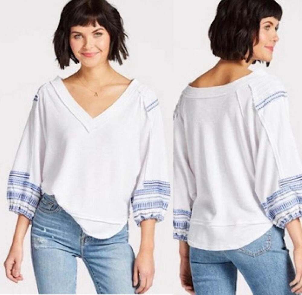 Free People We The Free Bubble Thermal V-Neck Embroidered Tee Shirt
